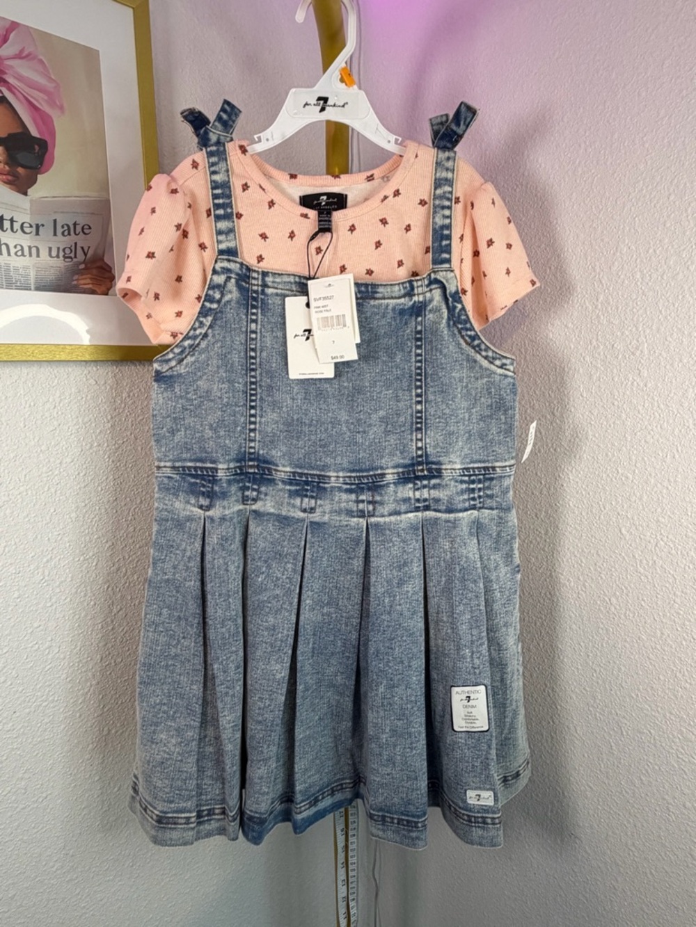 7 For All Mankind Pink Tee with Acid-Wash Blue Denim Pinafore Dress Girls Size 7
